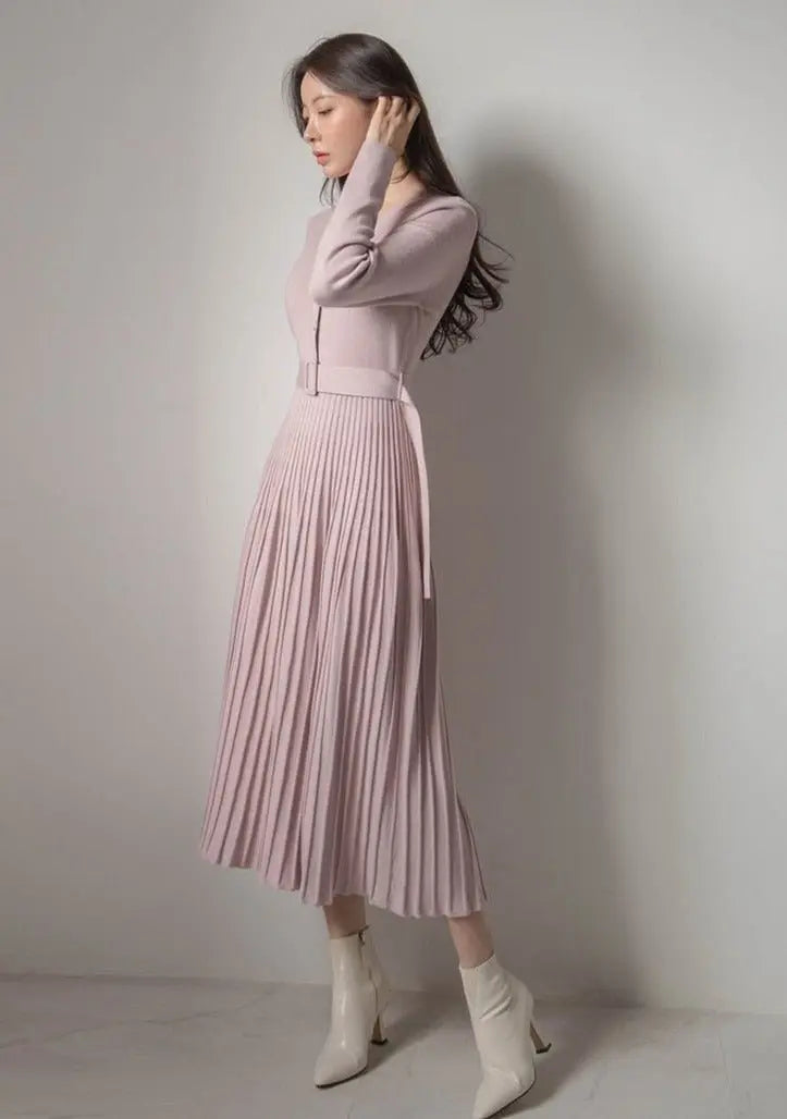 Single-breasted Women Sweater Dress Knitted Belted Female A-line soft dresses - Blade & Thread