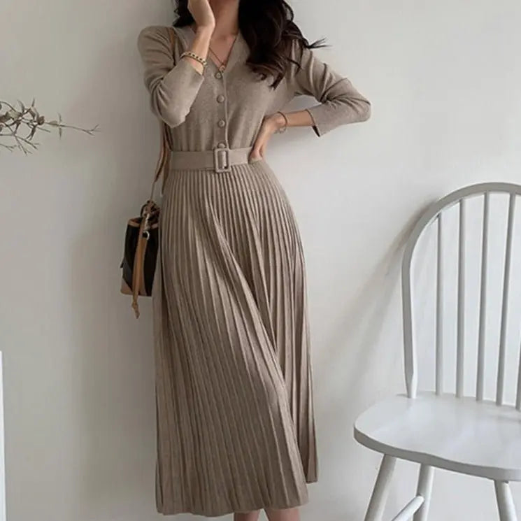 Single-breasted Women Sweater Dress Knitted Belted Female A-line soft dresses - Blade & Thread