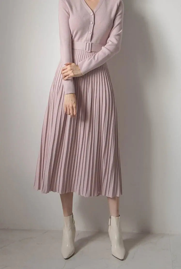Single-breasted Women Sweater Dress Knitted Belted Female A-line soft dresses - Blade & Thread