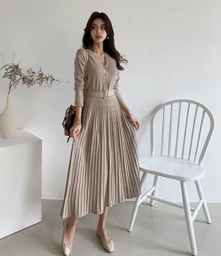 Single-breasted Women Sweater Dress Knitted Belted Female A-line soft dresses - Blade & Thread