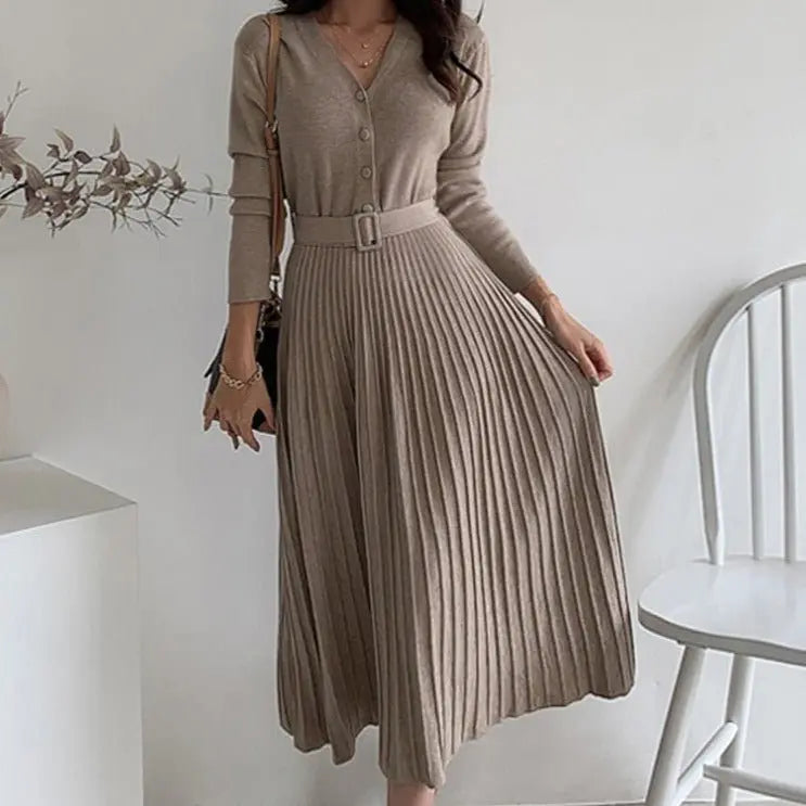Single-breasted Women Sweater Dress Knitted Belted Female A-line soft dresses - Blade & Thread