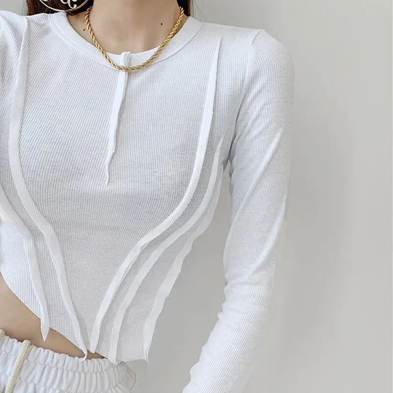 Skinny Crop Tops Women Irregular Oblique Edge T-shirts Female Crewneck Long Sleeve - Blade & Thread