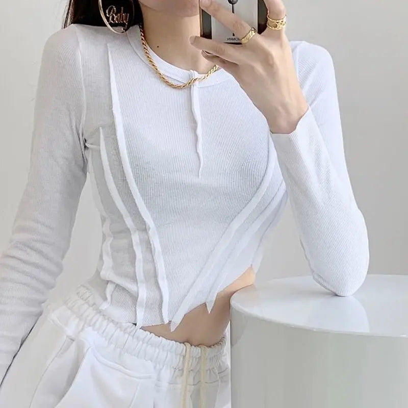 Skinny Crop Tops Women Irregular Oblique Edge T-shirts Female Crewneck Long Sleeve - Blade & Thread