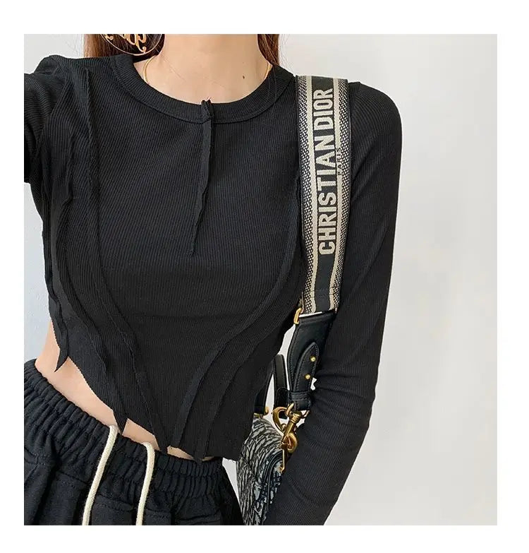 Skinny Crop Tops Women Irregular Oblique Edge T-shirts Female Crewneck Long Sleeve - Blade & Thread