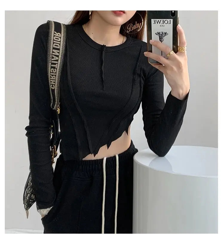 Skinny Crop Tops Women Irregular Oblique Edge T-shirts Female Crewneck Long Sleeve - Blade & Thread