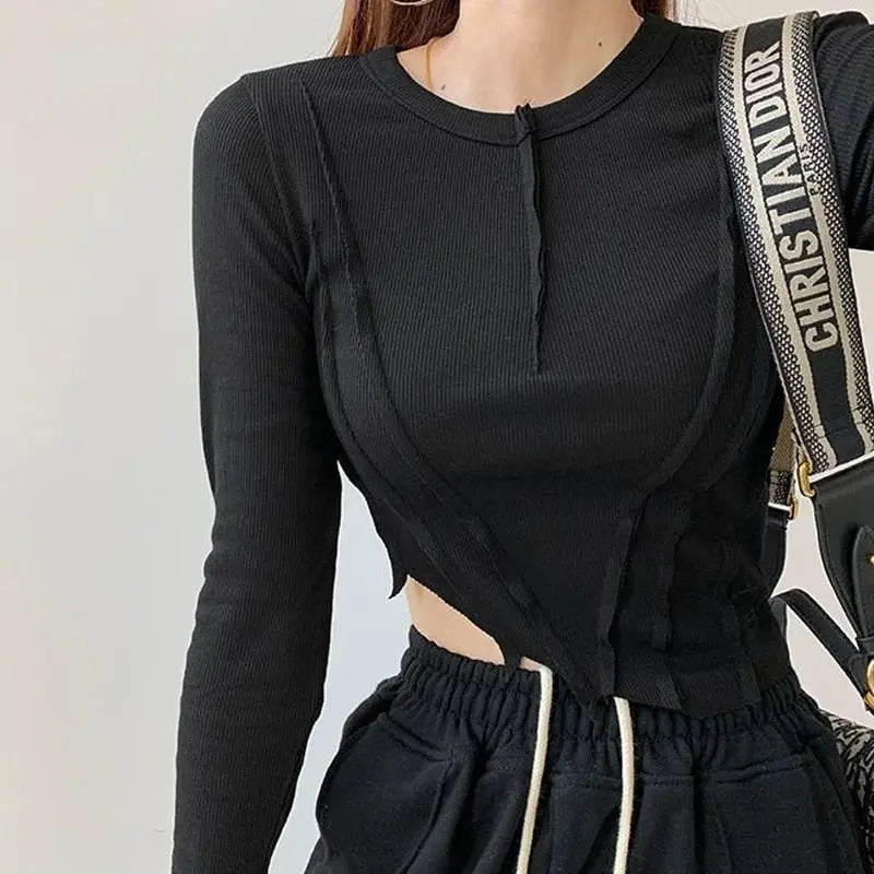 Skinny Crop Tops Women Irregular Oblique Edge T-shirts Female Crewneck Long Sleeve - Blade & Thread