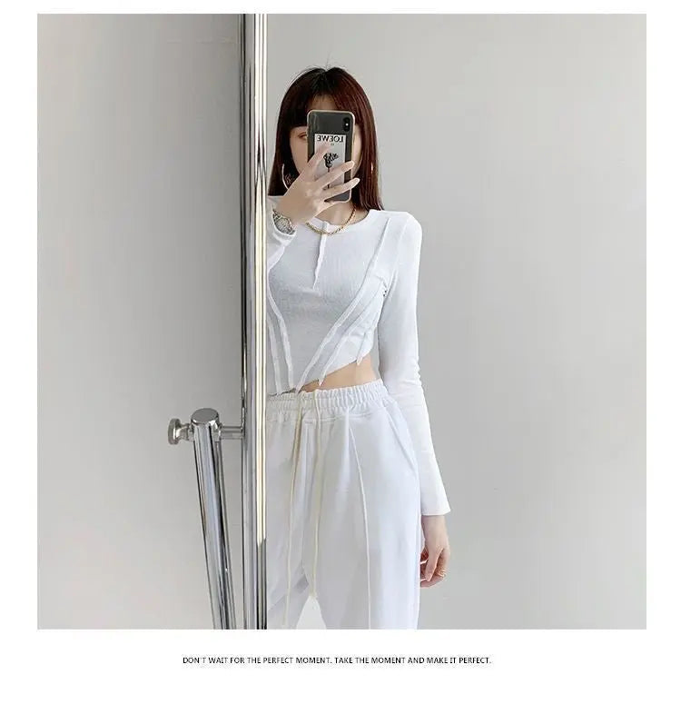 Skinny Crop Tops Women Irregular Oblique Edge T-shirts Female Crewneck Long Sleeve - Blade & Thread