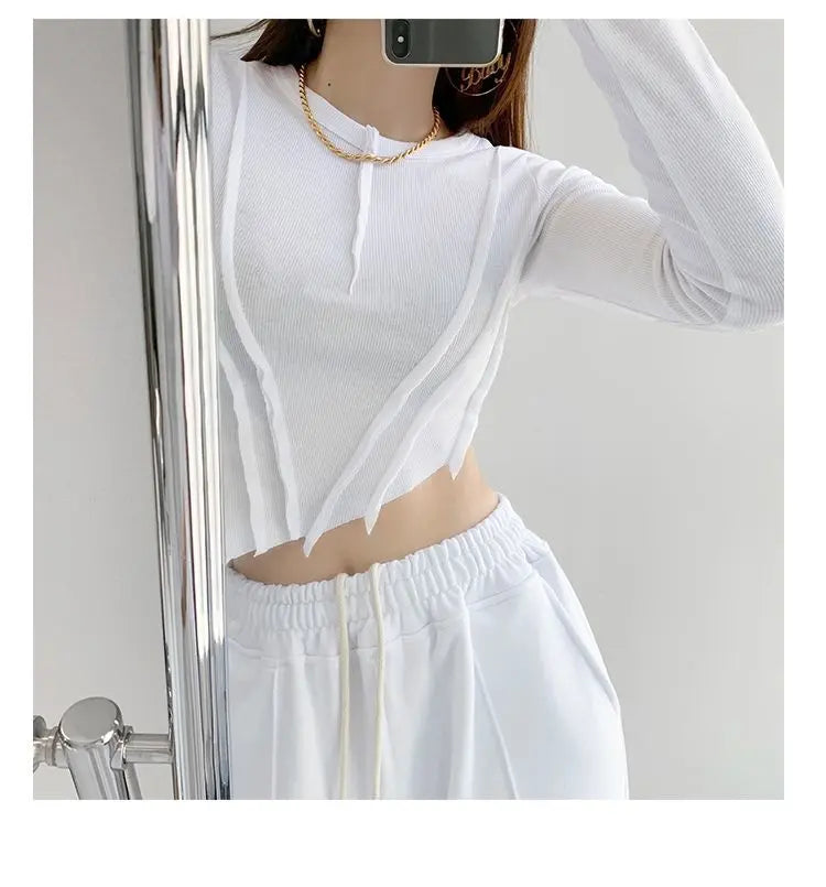 Skinny Crop Tops Women Irregular Oblique Edge T-shirts Female Crewneck Long Sleeve - Blade & Thread