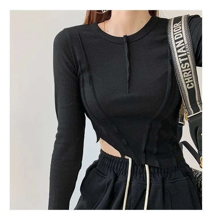 Skinny Crop Tops Women Irregular Oblique Edge T-shirts Female Crewneck Long Sleeve - Blade & Thread