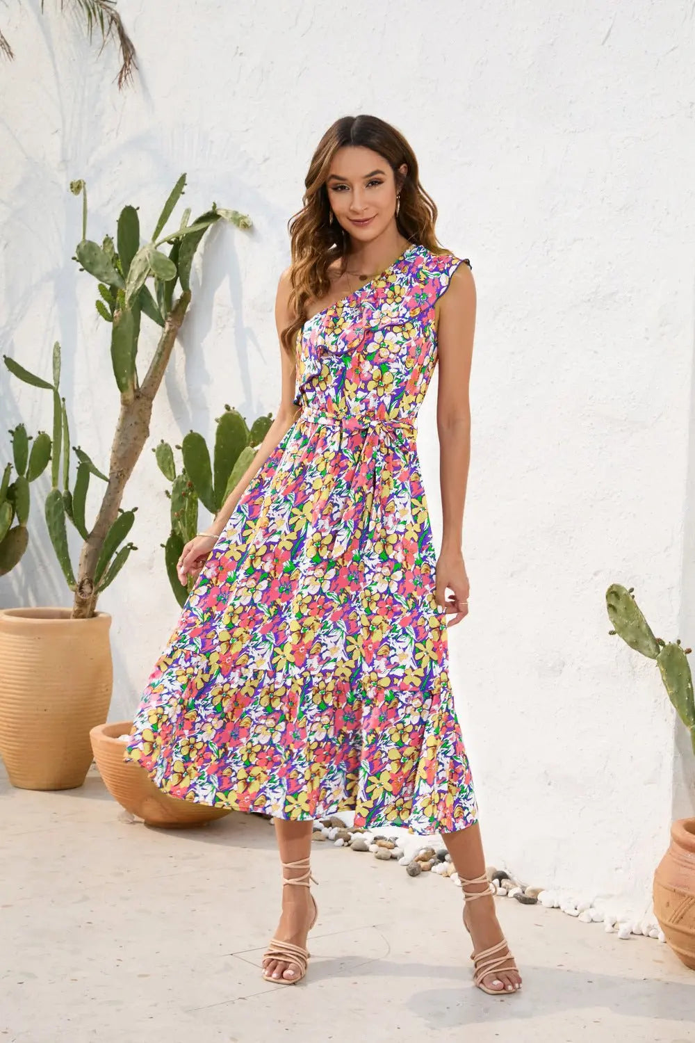 Slanted Shoulder Strap Floral Print Dress Casual Holiday Swing Dress - Blade & Thread