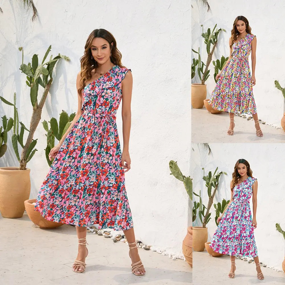 Slanted Shoulder Strap Floral Print Dress Casual Holiday Swing Dress - Blade & Thread