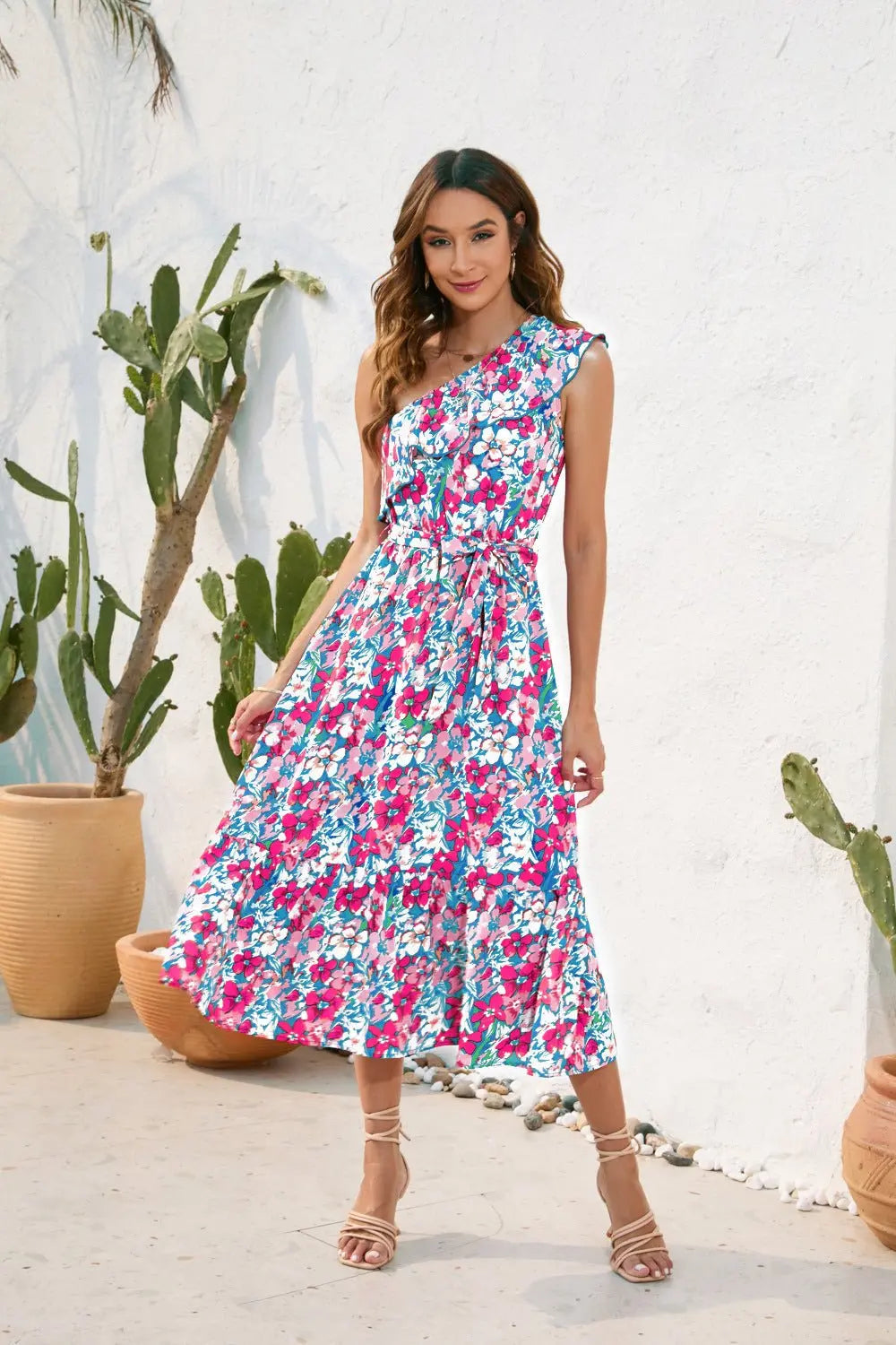 Slanted Shoulder Strap Floral Print Dress Casual Holiday Swing Dress - Blade & Thread