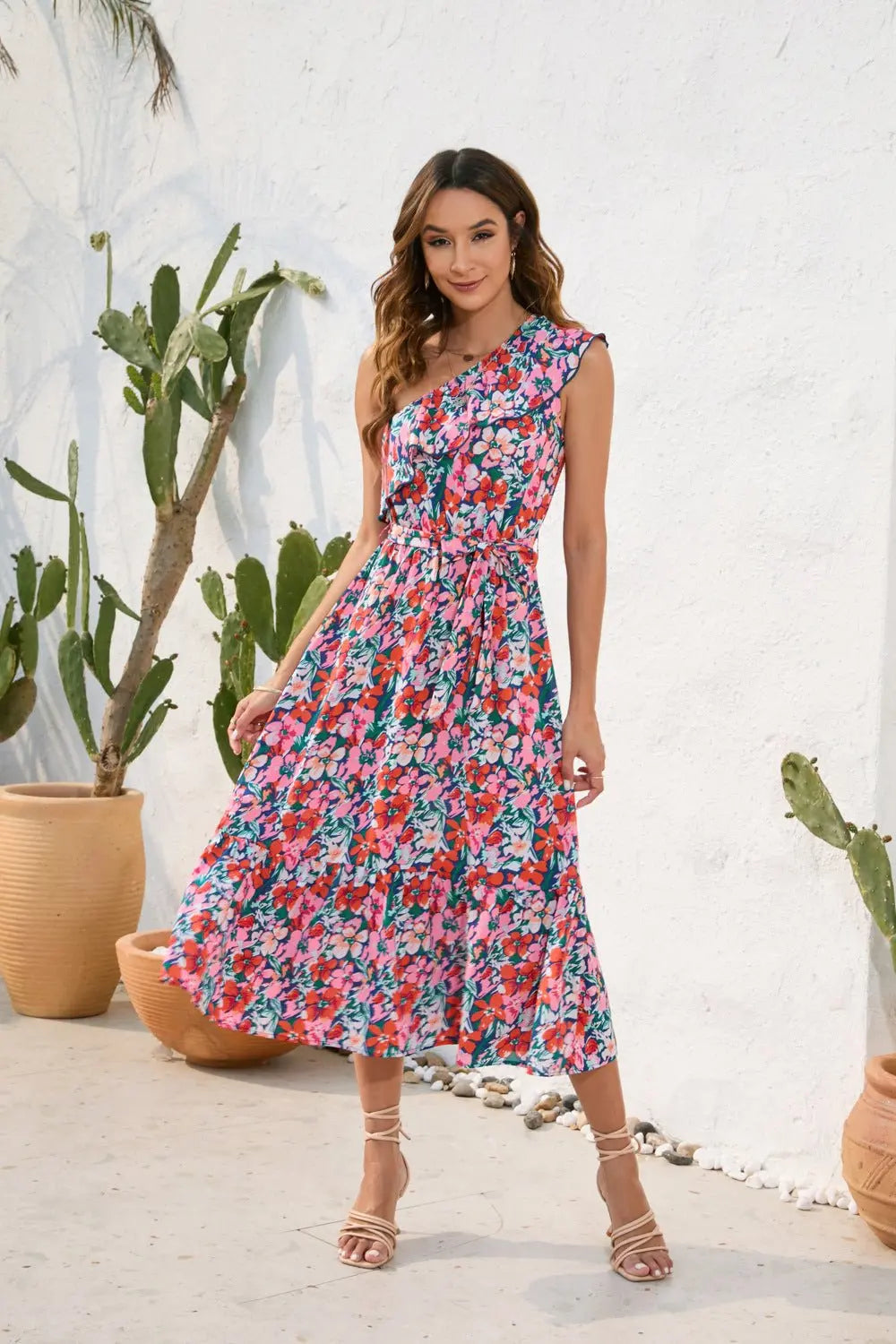 Slanted Shoulder Strap Floral Print Dress Casual Holiday Swing Dress - Blade & Thread