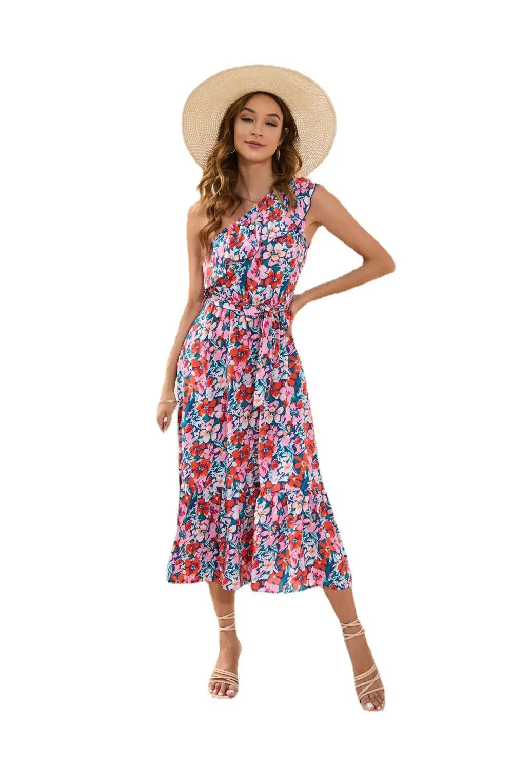 Slanted Shoulder Strap Floral Print Dress Casual Holiday Swing Dress - Blade & Thread