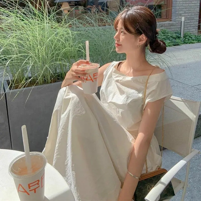 Slash Neck Sleeveless Zipper Long Tank Dress Elastic Folds-Waist A-line Dresses with Big Pockets - Blade & Thread
