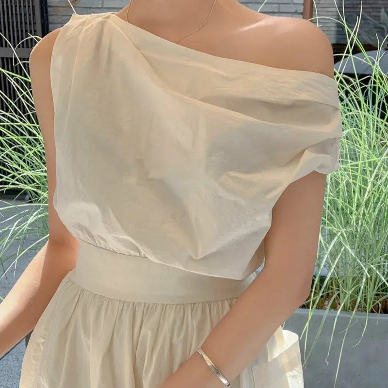Slash Neck Sleeveless Zipper Long Tank Dress Elastic Folds-Waist A-line Dresses with Big Pockets - Blade & Thread