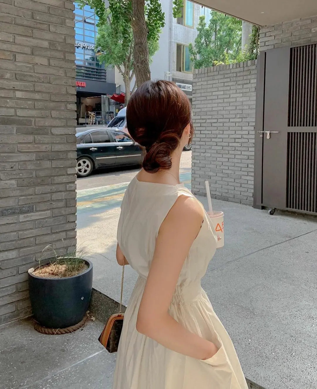 Slash Neck Sleeveless Zipper Long Tank Dress Elastic Folds-Waist A-line Dresses with Big Pockets - Blade & Thread