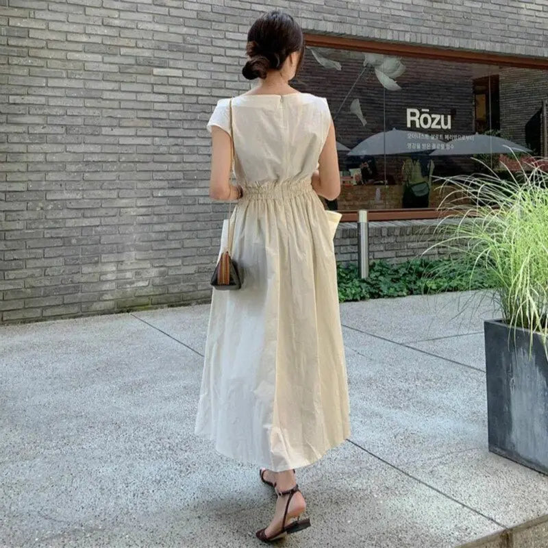 Slash Neck Sleeveless Zipper Long Tank Dress Elastic Folds-Waist A-line Dresses with Big Pockets - Blade & Thread