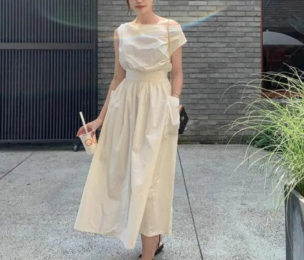 Slash Neck Sleeveless Zipper Long Tank Dress Elastic Folds-Waist A-line Dresses with Big Pockets - Blade & Thread