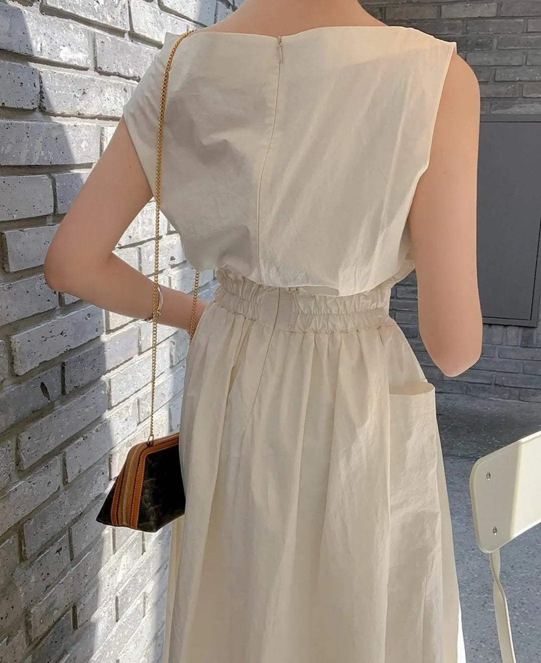 Slash Neck Sleeveless Zipper Long Tank Dress Elastic Folds-Waist A-line Dresses with Big Pockets - Blade & Thread