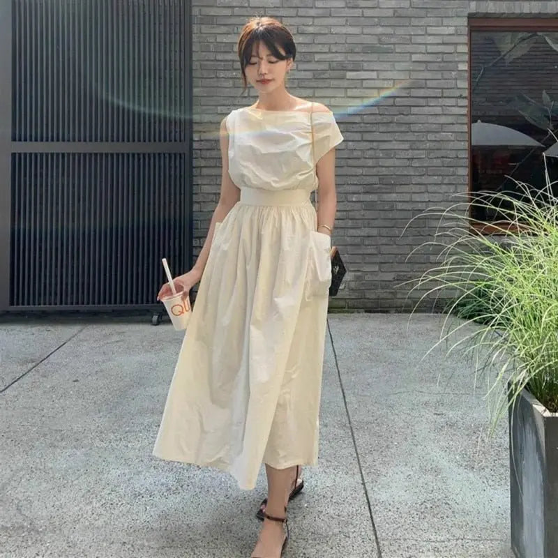 Slash Neck Sleeveless Zipper Long Tank Dress Elastic Folds-Waist A-line Dresses with Big Pockets - Blade & Thread