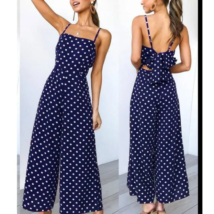 Sleeveless Backless Boho Bow-knot Dot Jumpsuits Women 2022 Summer Romper - Blade & Thread