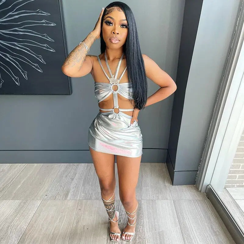 Sleeveless Bodycon Halter Hollow Out Sexy Mini Dress Streetwear Outfits Y2K - Blade & Thread