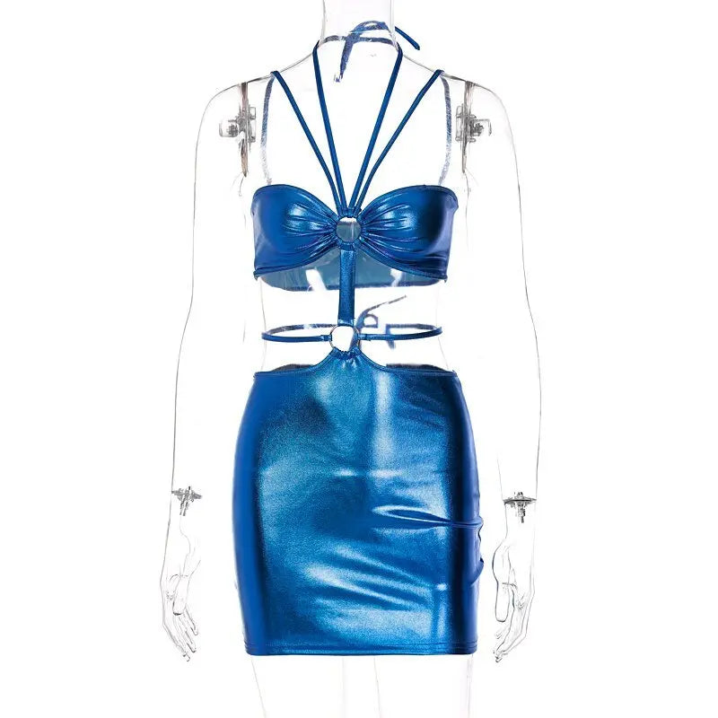 Sleeveless Bodycon Halter Hollow Out Sexy Mini Dress Streetwear Outfits Y2K - Blade & Thread