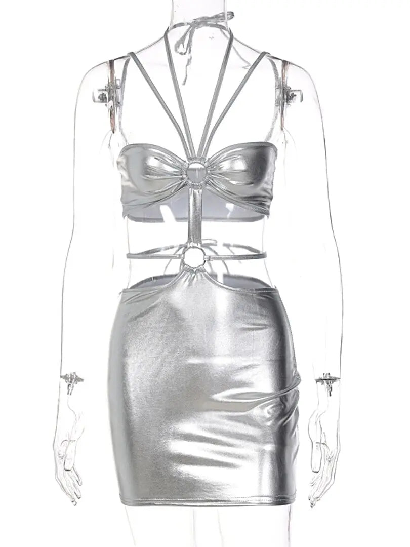 Sleeveless Bodycon Halter Hollow Out Sexy Mini Dress Streetwear Outfits Y2K - Blade & Thread