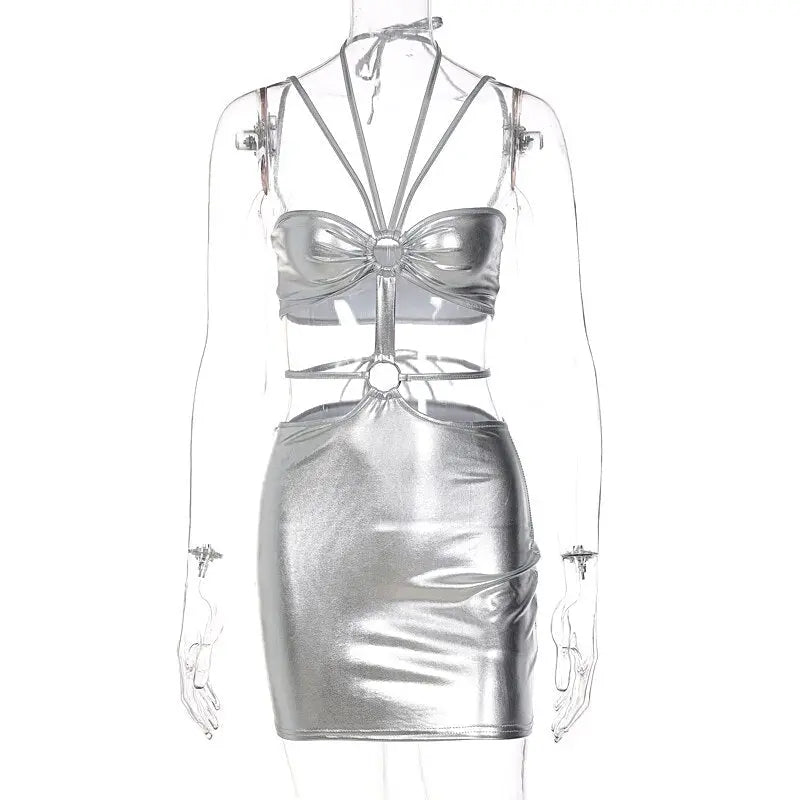 Sleeveless Bodycon Halter Hollow Out Sexy Mini Dress Streetwear Outfits Y2K - Blade & Thread