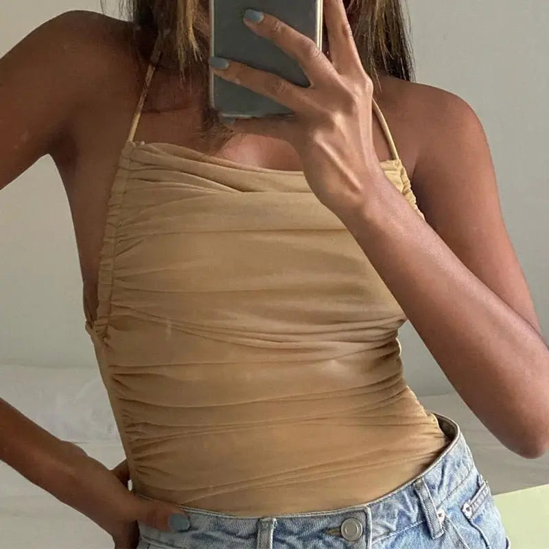 Sleeveless Chic Fashion Mesh Ruched Halter Bodysuit Women Female Tie Up Backless Body Suit - Blade & Thread