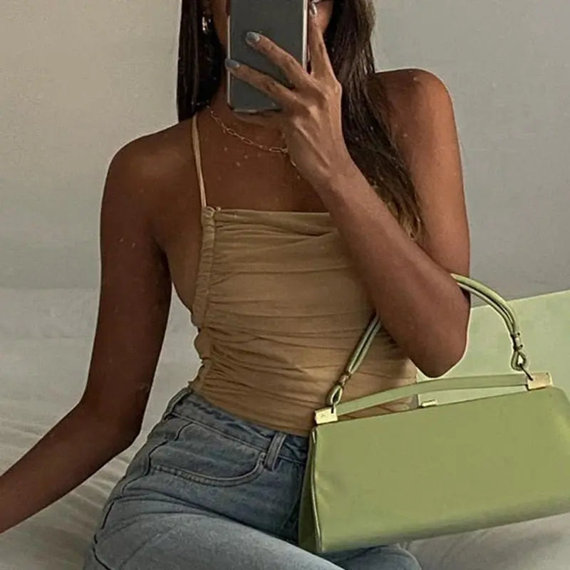 Sleeveless Chic Fashion Mesh Ruched Halter Bodysuit Women Female Tie Up Backless Body Suit - Blade & Thread