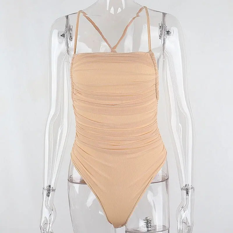 Sleeveless Chic Fashion Mesh Ruched Halter Bodysuit Women Female Tie Up Backless Body Suit - Blade & Thread