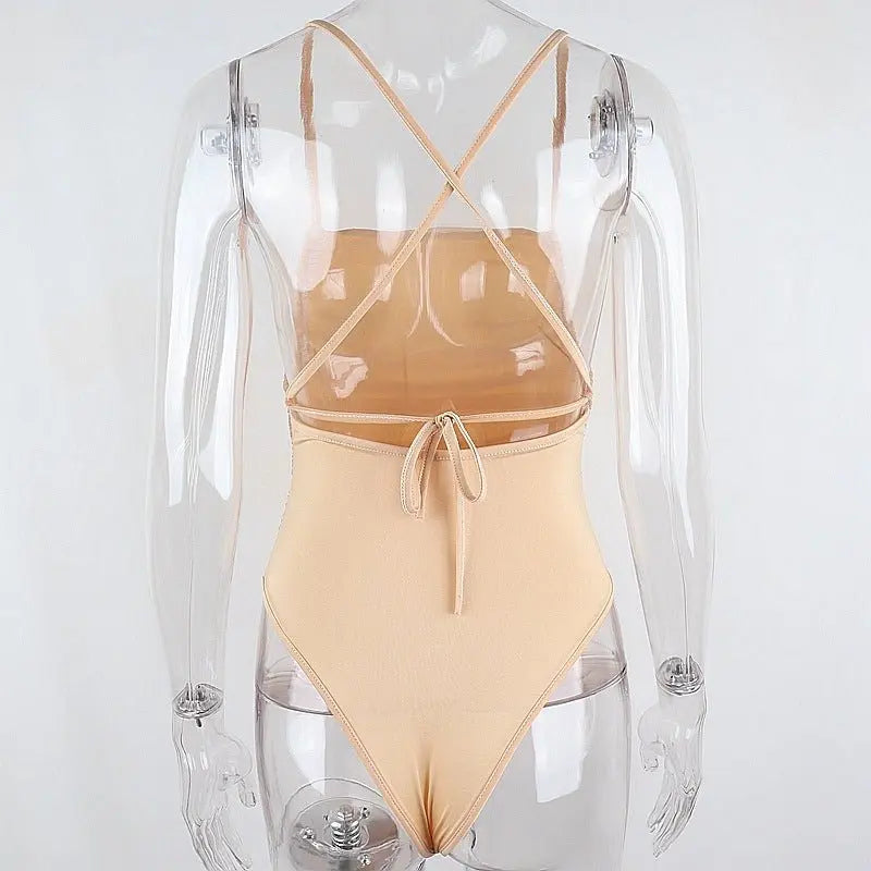 Sleeveless Chic Fashion Mesh Ruched Halter Bodysuit Women Female Tie Up Backless Body Suit - Blade & Thread