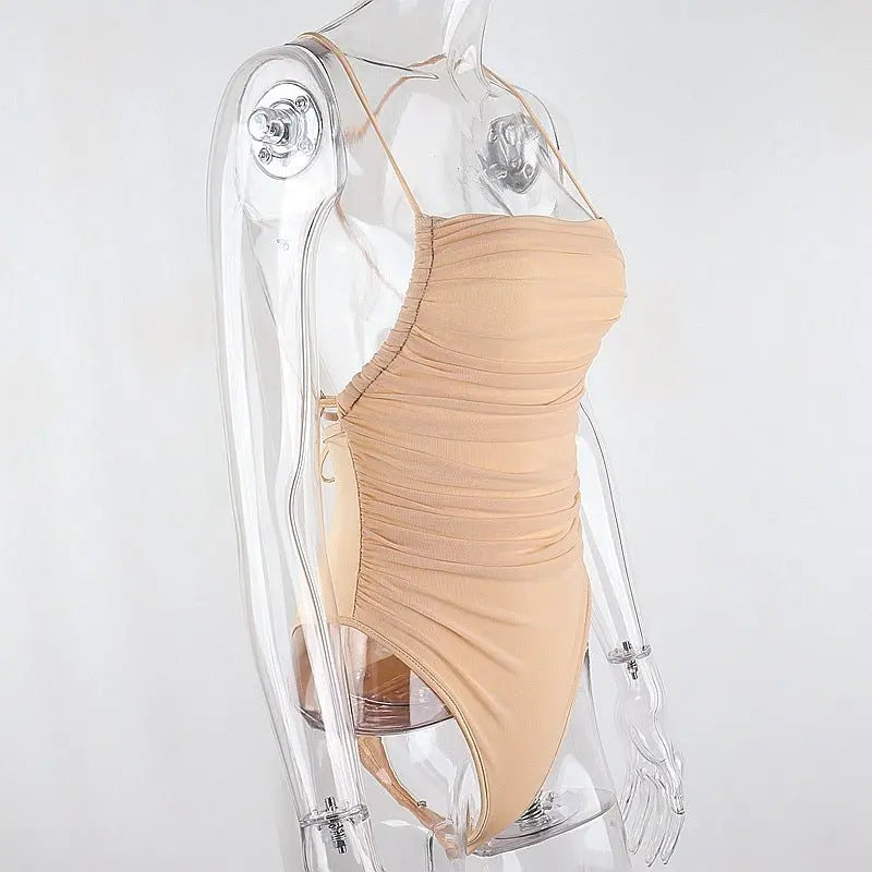 Sleeveless Chic Fashion Mesh Ruched Halter Bodysuit Women Female Tie Up Backless Body Suit - Blade & Thread