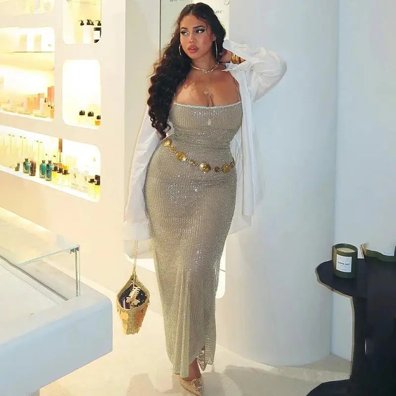 Sleeveless Glitter Sequined Evening Party Club Maxi Dress - Blade & Thread