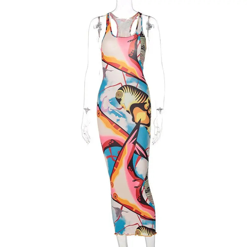 Sleeveless Hollow Out Straps Asymmetric Print Backless Ruched Sexy Maxi Dress - Blade & Thread
