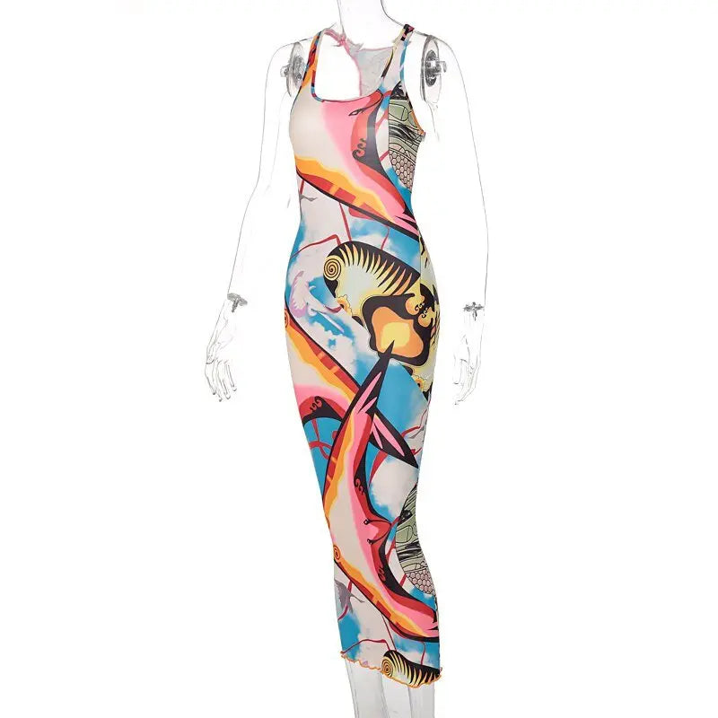 Sleeveless Hollow Out Straps Asymmetric Print Backless Ruched Sexy Maxi Dress - Blade & Thread