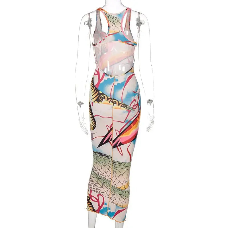 Sleeveless Hollow Out Straps Asymmetric Print Backless Ruched Sexy Maxi Dress - Blade & Thread