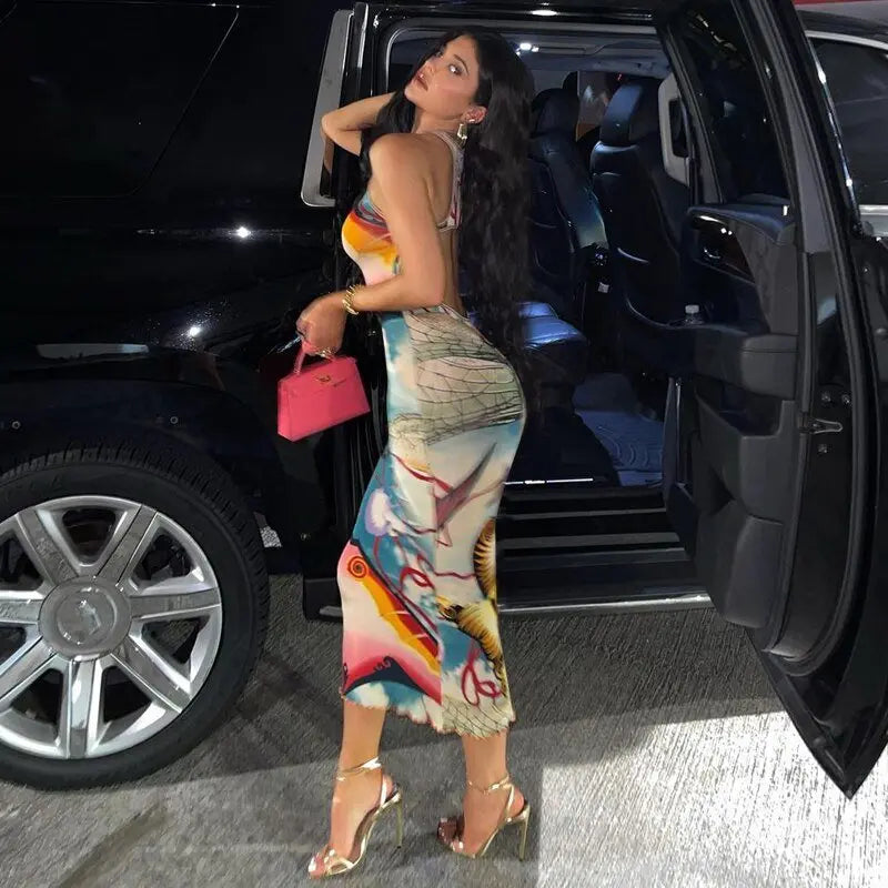 Sleeveless Hollow Out Straps Asymmetric Print Backless Ruched Sexy Maxi Dress - Blade & Thread