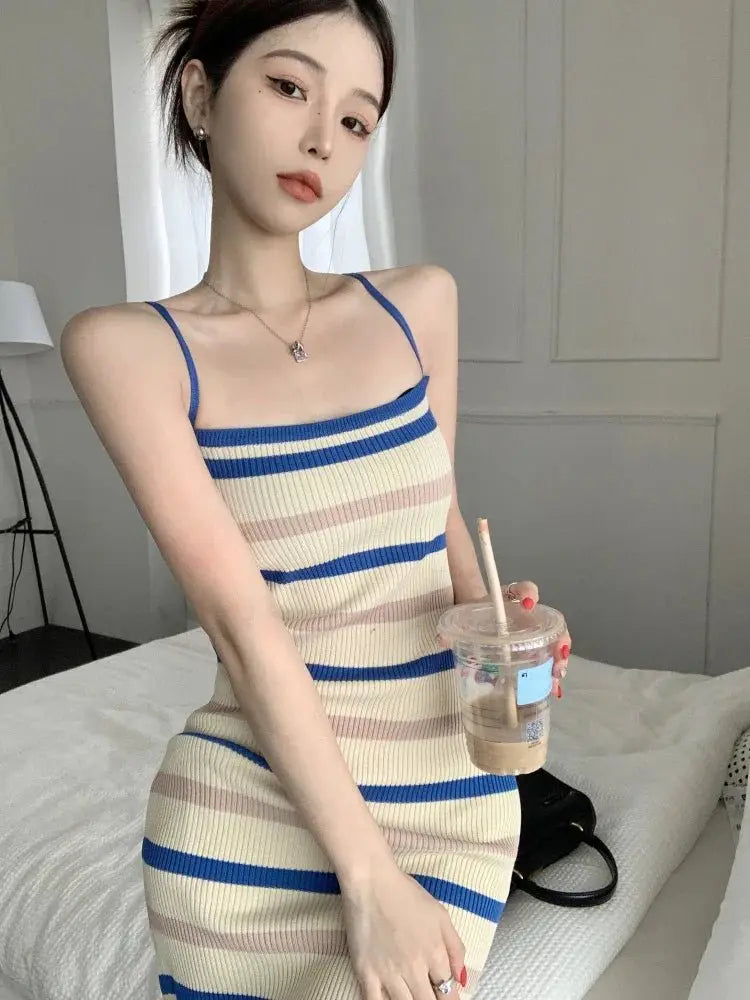 Sleeveless Slim fit Knitted Striped Mid Length Dresses - Blade & Thread