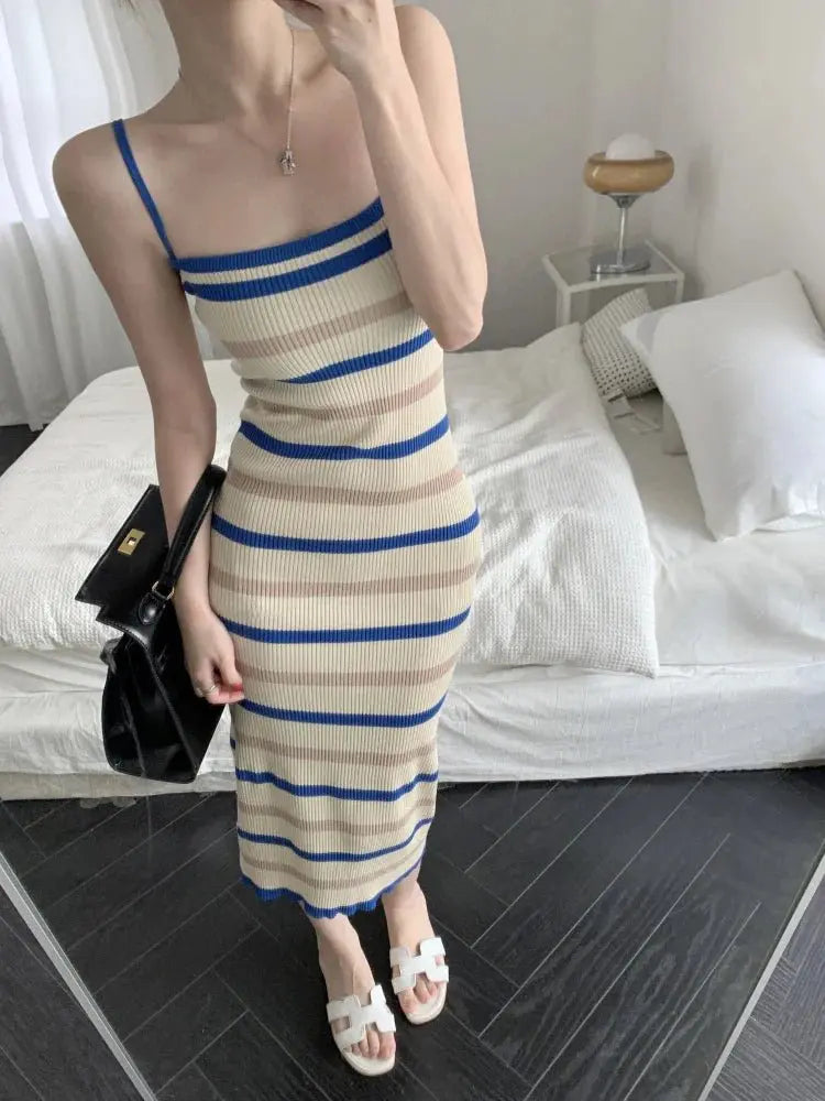 Sleeveless Slim fit Knitted Striped Mid Length Dresses - Blade & Thread