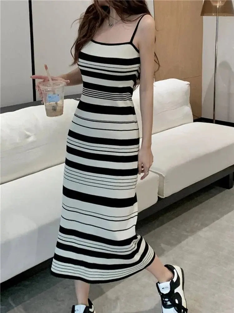 Sleeveless Slim fit Knitted Striped Mid Length Dresses - Blade & Thread