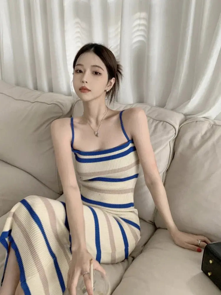 Sleeveless Slim fit Knitted Striped Mid Length Dresses - Blade & Thread