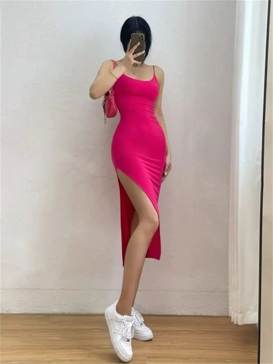 Sleeveless Spaghetti Strap Split Sheath Dress Vestidos - Blade & Thread