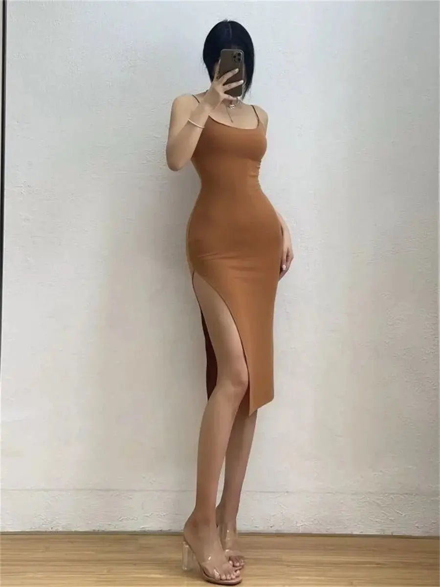 Sleeveless Spaghetti Strap Split Sheath Dress Vestidos - Blade & Thread