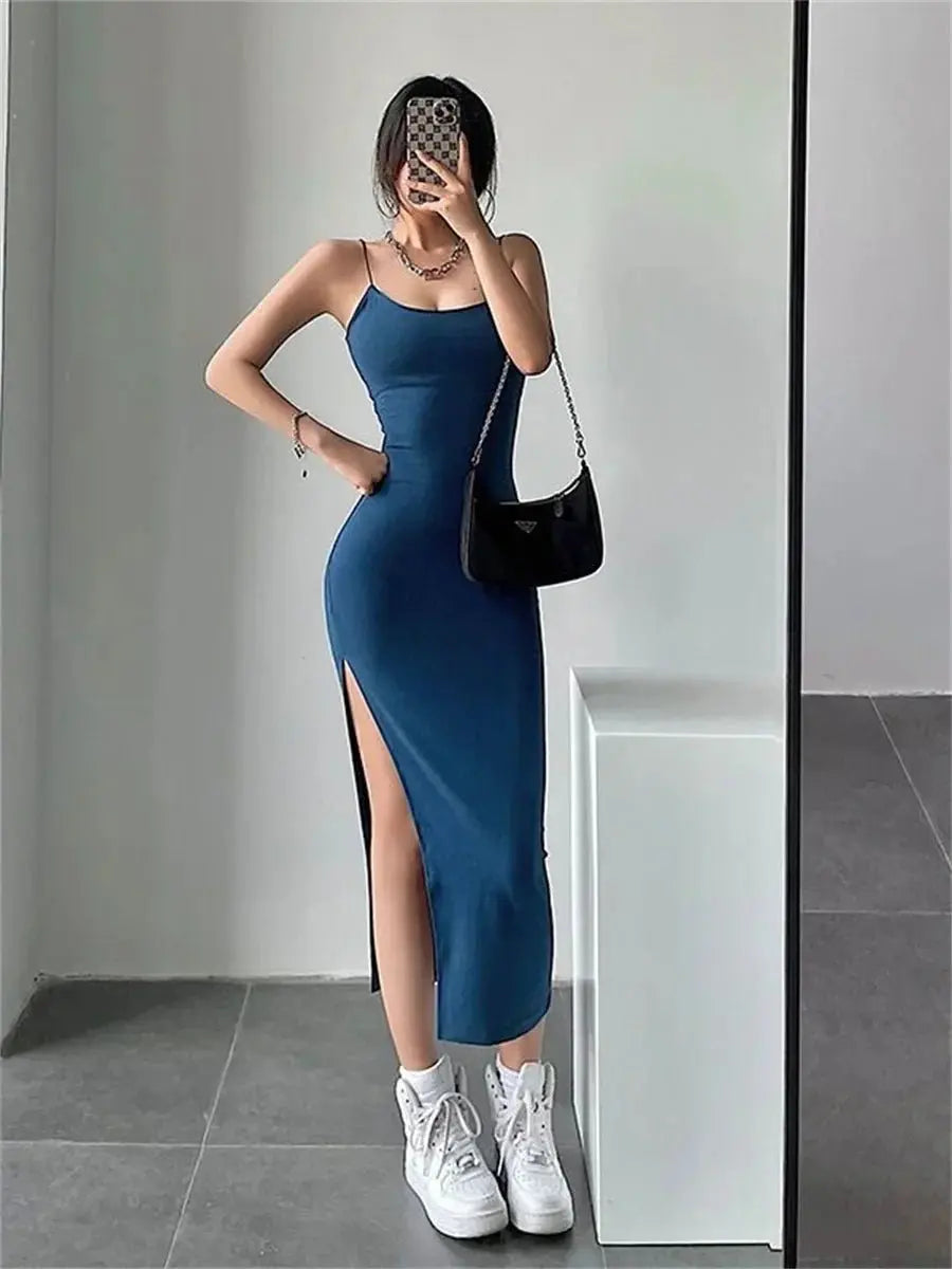 Sleeveless Spaghetti Strap Split Sheath Dress Vestidos - Blade & Thread
