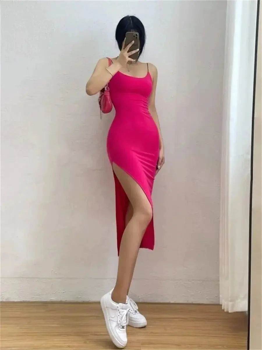 Sleeveless Spaghetti Strap Split Sheath Dress Vestidos - Blade & Thread