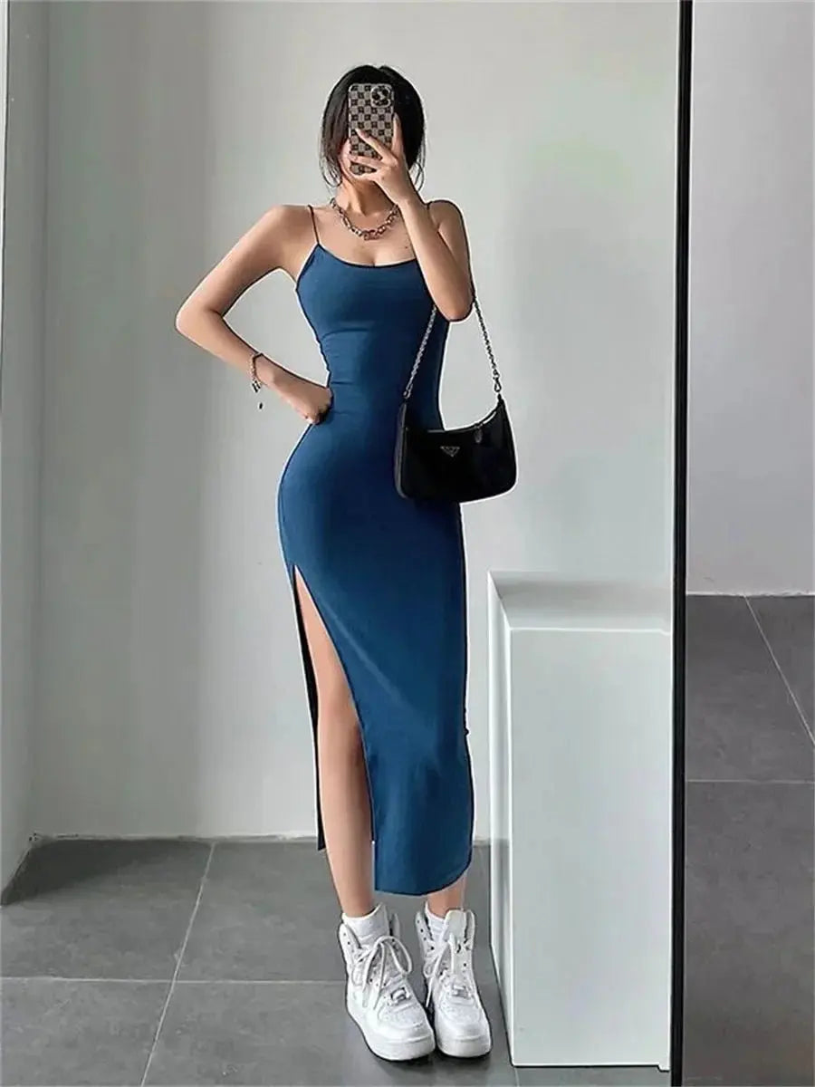 Sleeveless Spaghetti Strap Split Sheath Dress Vestidos - Blade & Thread