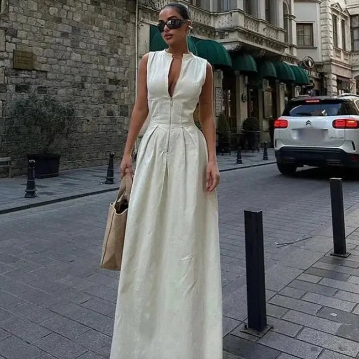 Sleeveless V-neck zipper neck long dress - Blade & Thread
